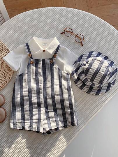 SHEIN 2pcs/Set Unisex Newborn Baby Boy/Girl Navy Striped Romper With Bib Pants And Sun Hat Set, Suitable For Vacation, Outdoor, Casual Daily Wear, Spring/Summer Baby Boy Clothes, Outfits Blue Vintage Baby Boy Outfit Toddler Boy Linen Set