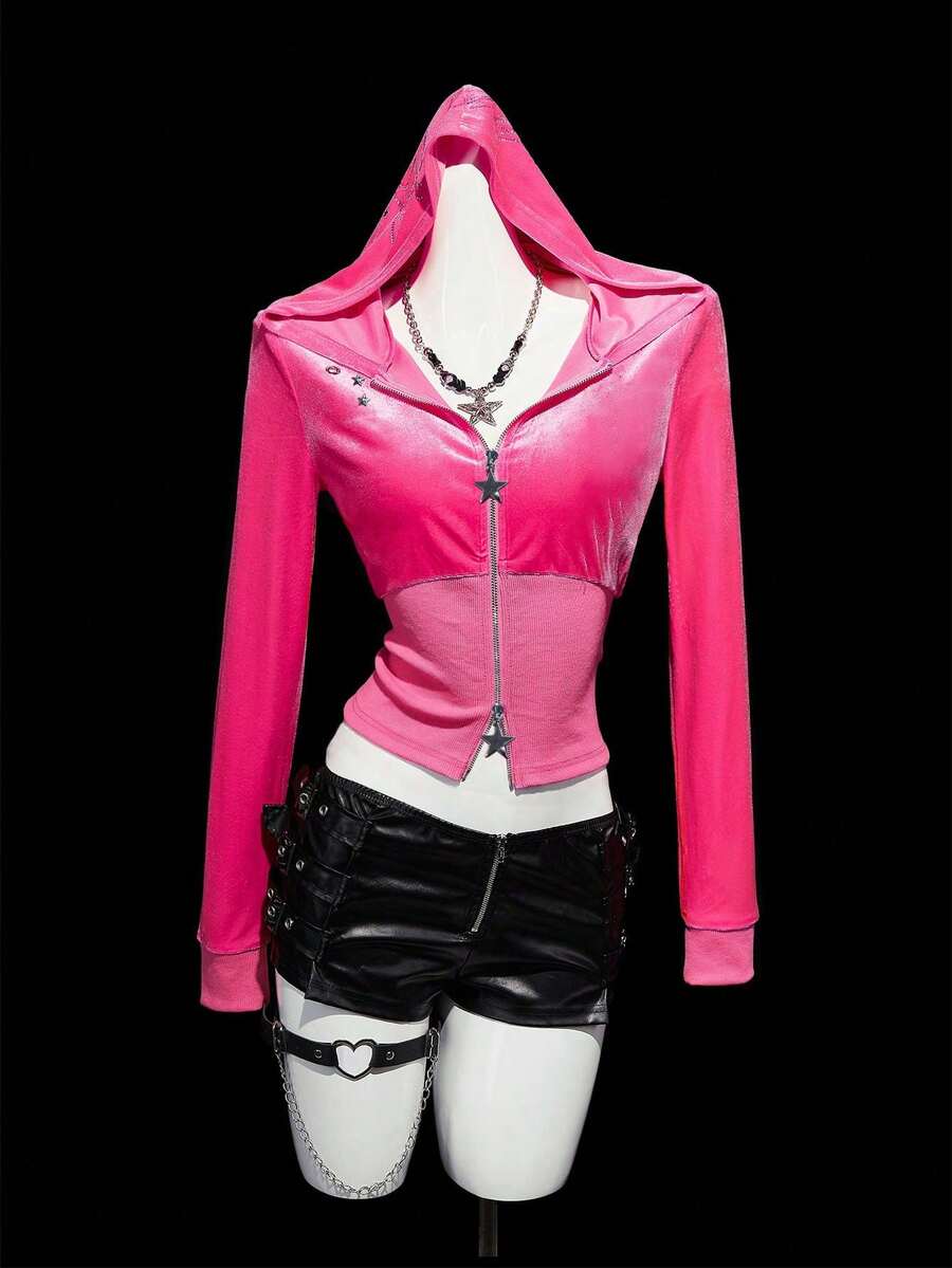 SHEIN ICON Áo khoác nỉ nữ phối màu có khóa kéo - Hồng - Xem 1