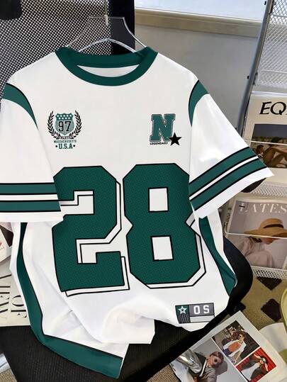 Manfinity Dauomo Casual Street Sense Vintage Dots Numbers Combination Letters Sports College Style Men's T-Shirt