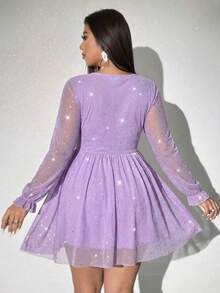 Viva Relle 大码女士性感V领长袖A字迷你紧身连衣裙，适合派对穿着 - 淡紫色 - 查看 2