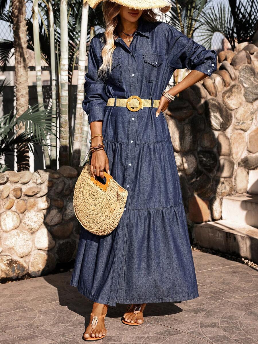 SHEIN Tall Women's Long Sleeve Single-Breasted Pocket Casual Denim Shirt Dress - Blue - View 1