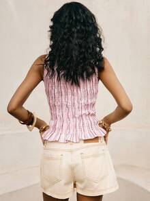 Poéselle 女士粉色条纹收腰棉质吊带背心，可爱夏季上衣，优雅休闲，适合外出、度假、海滩等各种场合，春夏皆宜。 - 粉色 - 查看 7