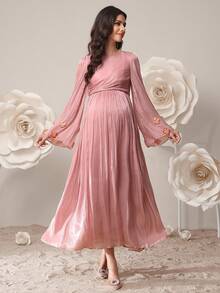 SHEIN 孕妇纯色圆领喇叭袖褶皱优雅连衣裙 - 粉色 - 查看 3