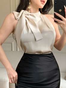 DAZY Women's Solid Color Pleated Elegant Halter Neck Camisole - Khaki - View 4