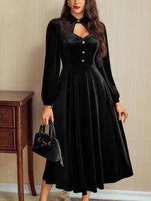 Vintamour Vintage Classic Elegant Women's Dress, Fitted Patchwork Dress With Collar, Pockets, Long Sleeve, Wine Red, Autumn/Winter - Black - View 5