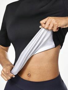 Seamluxe SHEIN Sport Top deportivo de manga corta, ajustado, de malla, negro con detalles reflectantes plateados, que favorece la transpiración, para entrenamiento y actividades deportivas casuales y versátiles para mujeres - Negro - Ver 7