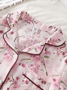 女童花卉泡泡格纹印花翻领开衫和裤子休闲轻便套装，春夏家居服 - 彩色 - 查看 5