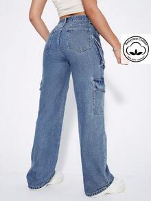 SHEIN ICON Y2K黑色高腰翻盖口袋工装磨毛面料保暖牛仔裤加厚牛仔布 - 藍色 - 查看 2