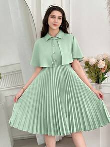 SHEIN 2pcs/Set Vintage Elegant Shawl Collar Pleated Hem Dress With Shirt For Teen Girls - Green - View 4