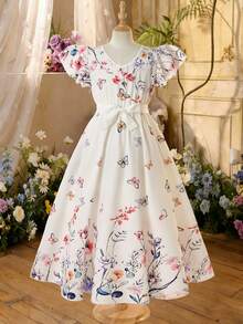 SHEIN 1pc Girls' Floral & Butterfly Digital Print V-Neck Fitted Dress, Elegant, Suitable For Daily Wear, Party, Vacation, Countryside Style - White - View 5