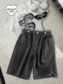 SHEIN Y2K街头风女童宽松浅色水洗牛仔短裤，松紧腰带，星星刺绣装饰 - 黑色 - 查看 8