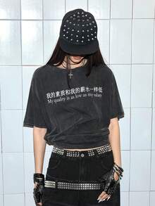 ROMWE Grunge Punk 女士宽松版型印花标语T恤 - 黑色 - 查看 5