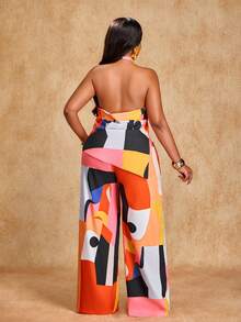 Brilight Women's Elegant Stylish Geometric Print Halter Backless Top With Long Pocket Pants Two Pieces Set For Women,Elegant Office & Casual Outfit - Multicolor - View 2
