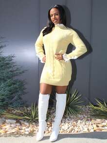 Steph T Vestido de color albaricoque con mangas largas, cuello de tripulación con cuerda retorcida y ribete de encaje, para otoño/invierno - Amarillo - Ver 3