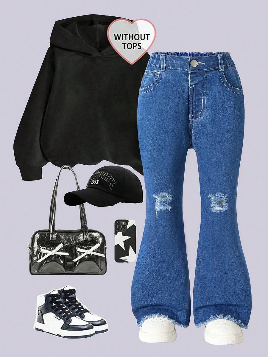 SHEIN Explorewe Quần jean denim ống loe ôm sát, rách nhẹ, màu xanh nhạt bạc màu, phong cách Y2K dành cho nữ. - Rửa tối - Xem 1