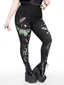 ROMWE Quần legging đen in họa tiết Gothic Thorn Witch, Butterfly, Star & Moon Magic Potion, Plant & Feather Print, Plus Size Women's Pants cho mùa Thu/Đông. - màu xanh lá - Xem 8