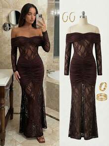 Aloruh Brown Retro Sexy High-End Elegant Party Banquet Off-Shoulder Ruched Mesh Patchwork Long Sleeve Extra Long Women's Dress, Suitable For Winter, Valentine's Day, New Year - Brown - View 10