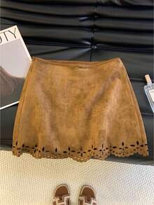 SHEIN Frenchy 女士纯色镂空弧形下摆时尚短裙 - 棕色 - 查看 5