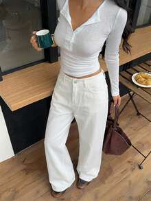 Siren Gaze Women's Pocket Loose Wide Leg Casual Versatile Jeans White Jeans - White - View 5