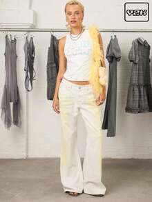 COUREZ Low Rise Flared Jeans In White And Yellow Wash /Y2K  Clothes Women Streetwear Going Out Outfits - White - View 1