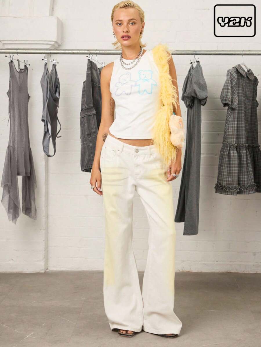 COUREZ Low Rise Flared Jeans In White And Yellow Wash /Y2K  Clothes Women Streetwear Going Out Outfits - White - View 1