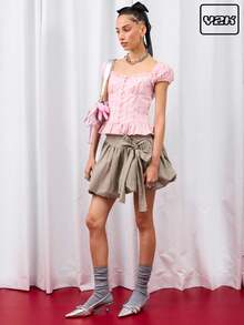 COUREZ Chân váy mini phồng cực kỳ gợi cảm với nơ phía trước / Phong cách Y2K, trang phục đi nghỉ mát mùa thu dành cho nữ, trang phục đi chơi dễ thương và quyến rũ - Xám - Xem 1