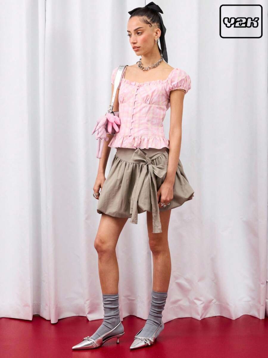 COUREZ 超蓬蓬迷你裙，正面带蝴蝶结 / Y2K 度假风秋季女装，秋季外出穿搭，可爱性感 - 灰色 - 查看 1