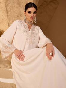 SHEIN Najma Elegant Lace Patchwork Beaded Long Sleeve Dress, Fashionable And Youthful - Champagne - View 6