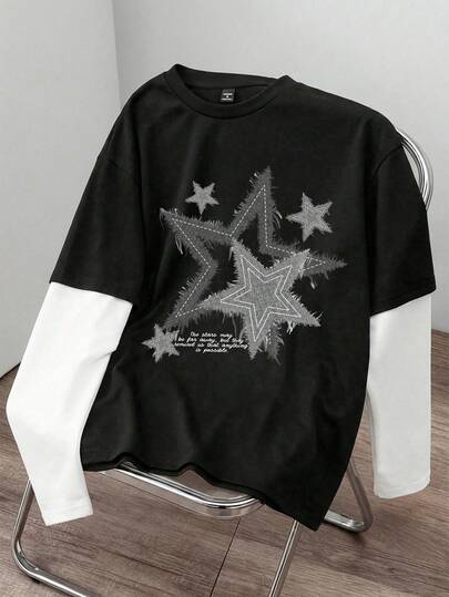 Manfinity Joysei Vintage Star Pattern Black & White Patchwork Long Sleeve T-Shirt, Subculture, Z Generation, Y2K
