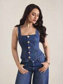SHEIN Tall Chaleco vaquero de mujer con cuello cuadrado, flor de metal y abotonadura sencilla - Azul - Ver 4