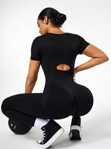 Seamluxe SHEIN Sport 纯色圆领镂空修身连体裤 - 黑色 - 查看 1