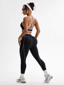 Dewbera 女士撞色滚边吊带背心和高腰紧身裤运动套装 - 黑色 - 查看 2