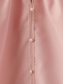 Franclia 夏季新款蕾丝拼接纯色休闲衬衫 粉色女式短袖雪纺衬衫 粉色女式衬衫 珍珠纽扣衬衫 珍珠衬衫 - 粉色 - 查看 3