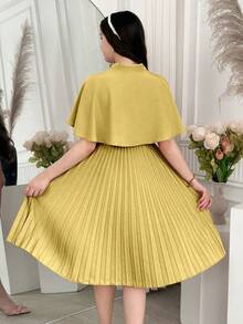 SHEIN 2件套复古优雅披肩领褶裥下摆连衣裙配衬衫，适合青少年女孩 - 芥末黃 - 查看 2