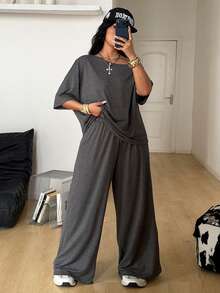 Coolane Women's Plus Size,Spring/Summer Minimalist Streetwear Basic Daily Wear Going Out Sport Comfortable Off Shoulder T-Shirt And Wide Leg Sweatpants Two Pieces Outfits - Grey - View 2