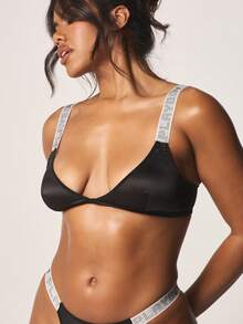 Missguided x Playboy Diamante Strap Satin Plunge Bra And Thong Panty Set With Rhinestone Straps Lingerie Collection For Valentine's Day