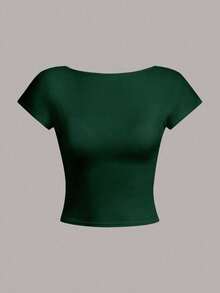 女士纯色极简露背短袖露脐T恤 - 墨綠色 - 查看 2