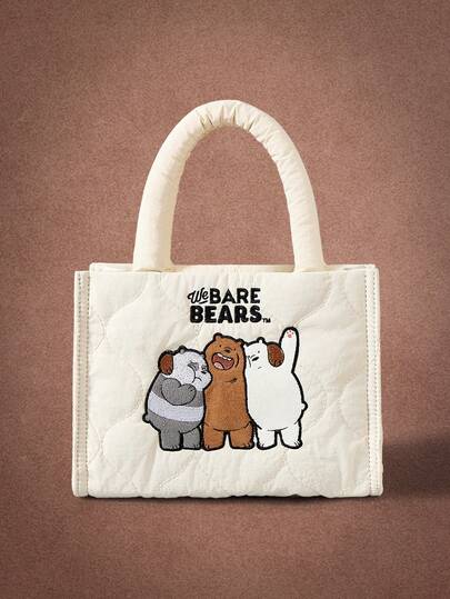 We Bare Bears X SHEIN Bolsos de mano para damas y mujeres, beige, de dibujos animados, bordados, de moda, personalizados, sencillos, versátiles, de calle, dulces y geniales para chicas