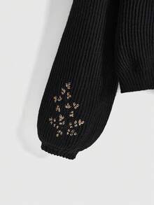 ROMWE Fairycore 大码女式花卉和蜜蜂刺绣高领毛衣，校园风，冬季 - 黑色 - 查看 4