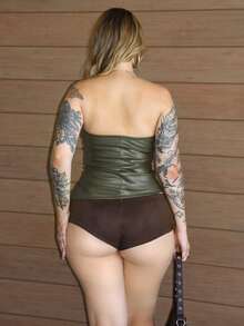 Arliah Áo da nữ thời trang, áo ống nhún viền bất đối xứng, thích hợp mặc đi chơi và dự tiệc - xanh quân đội - Xem 2