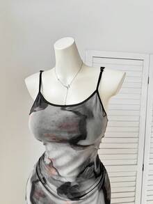 SHEIN EZwear 大码蓝色蝴蝶连衣裙：无袖褶皱设计，半透明针织休闲连衣裙，完美夏季装扮 - 彩色 - 查看 1