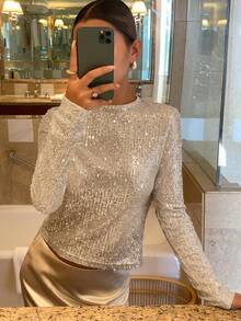 Livesso Women's Round Neck Sequin Patchwork Casual Versatile Party Long Sleeve T-Shirt Carnival - Silver - View 1