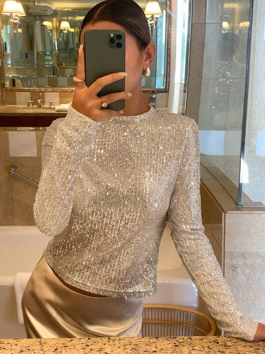 Livesso Women's Round Neck Sequin Patchwork Casual Versatile Party Long Sleeve T-Shirt Carnival - Silver - View 1