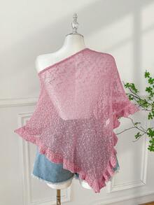 SHEIN EZwear 大码女式绿色荷叶边半透明休闲钩针披肩，适合夏季外出和约会 - 淺粉色 - 查看 2