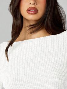 MISSGUIDED Long Sleeve Knitted Mini Dress Off Shoulder Bodycon Ribbed Sweater Dress Fall Winter Cozy Pullover - White - View 4