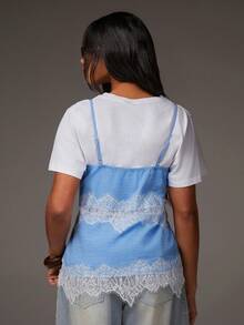 Athîral 女士休闲度假蓝色蕾丝拼接吊带背心 - 藍色 - 查看 5