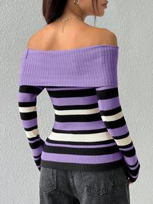 Flirla Women's Autumn/Winter Casual Fashion Colorblock Striped Foldover Off Shoulder Fitted Sweater - Purple - View 2