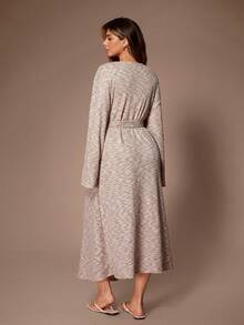 Lazeform Women's Long Sleeve Soft Jacquard Knit Belted Casual Robe, Autumn/Winter Gown And Robe Set Curve Robe - Khaki - View 5