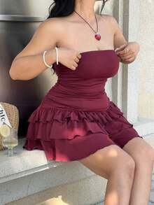 GalTyme 大码女式纯色修身荷叶边下摆无袖连衣裙，春夏款 - 紅色 - 查看 6