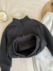 SHEIN 2 件套年轻男童服装，灰色字母图案羊毛领运动衫和纯色松紧腰运动裤套装，适合返校、生日、迎婴派对、节日派对、秋冬季 - 灰色 - 查看 10